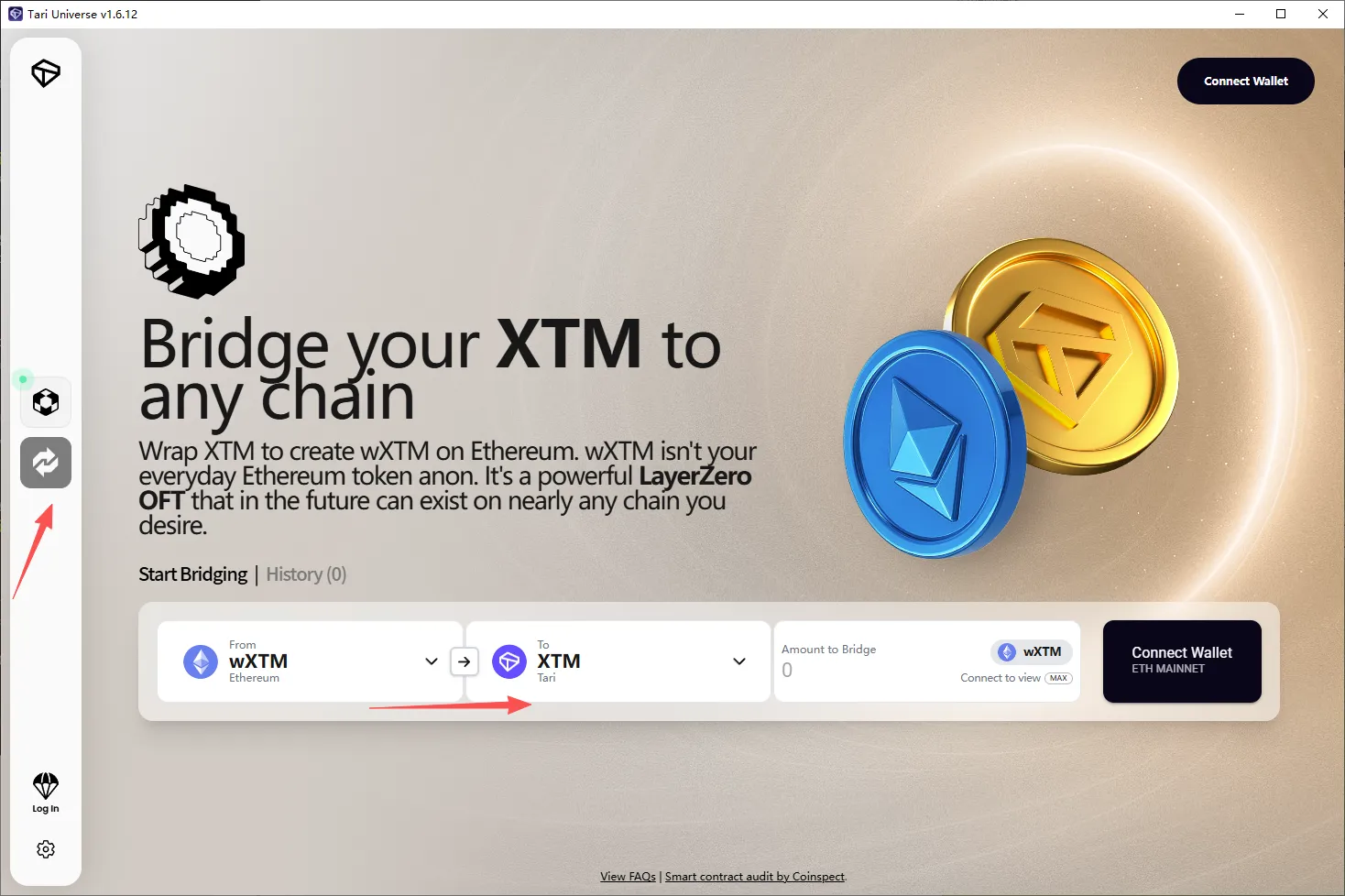 Tari Universe v1.6.12 Bridge page showing the wXTM to XTM bridge interface