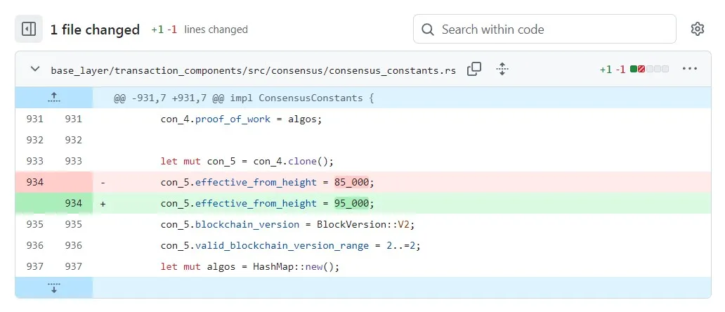 GitHub code diff showing con_5.effective_from_height in consensus_constants.rs changing from 85_000 to 95_000