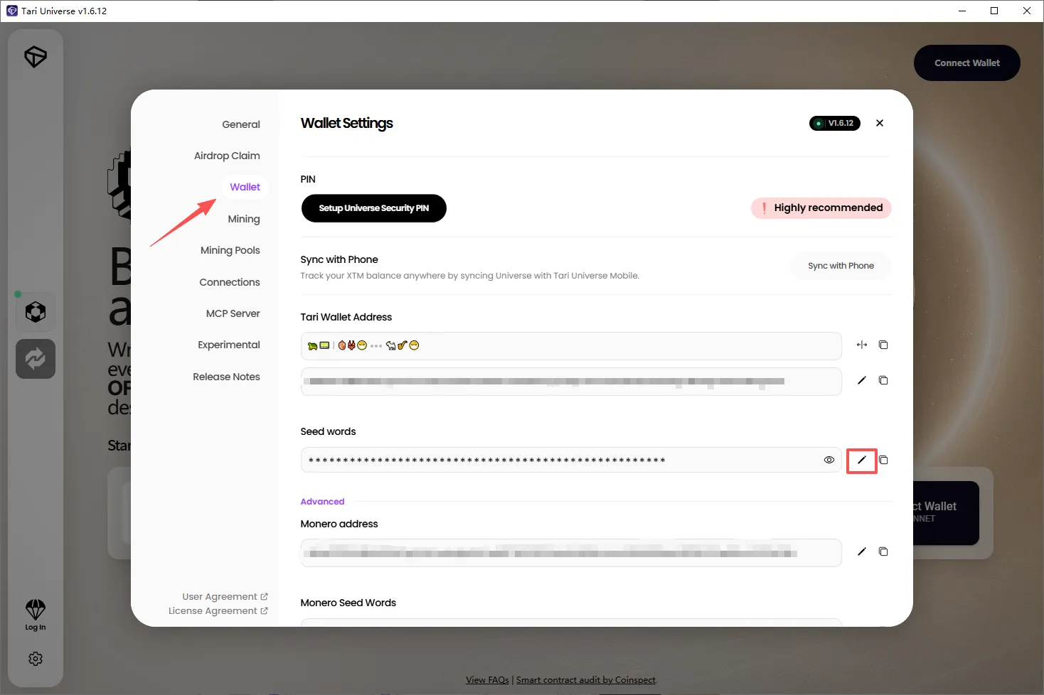 Tari Universe v1.6.12 Wallet Settings page with the edit button next to Seed words highlighted