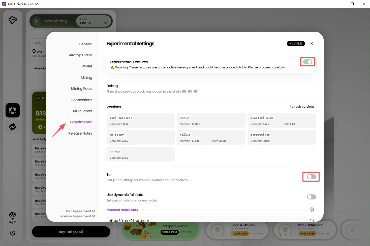 Tari Universe v1.6.12 Experimental Settings page with Experimental Features enabled and Tor disabled
