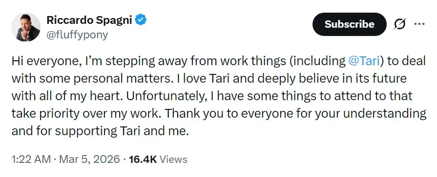 Screenshot of a March 5, 2026 post by Riccardo Spagni (@fluffypony), announcing that he is temporarily stepping away from work, including Tari, to deal with personal matters