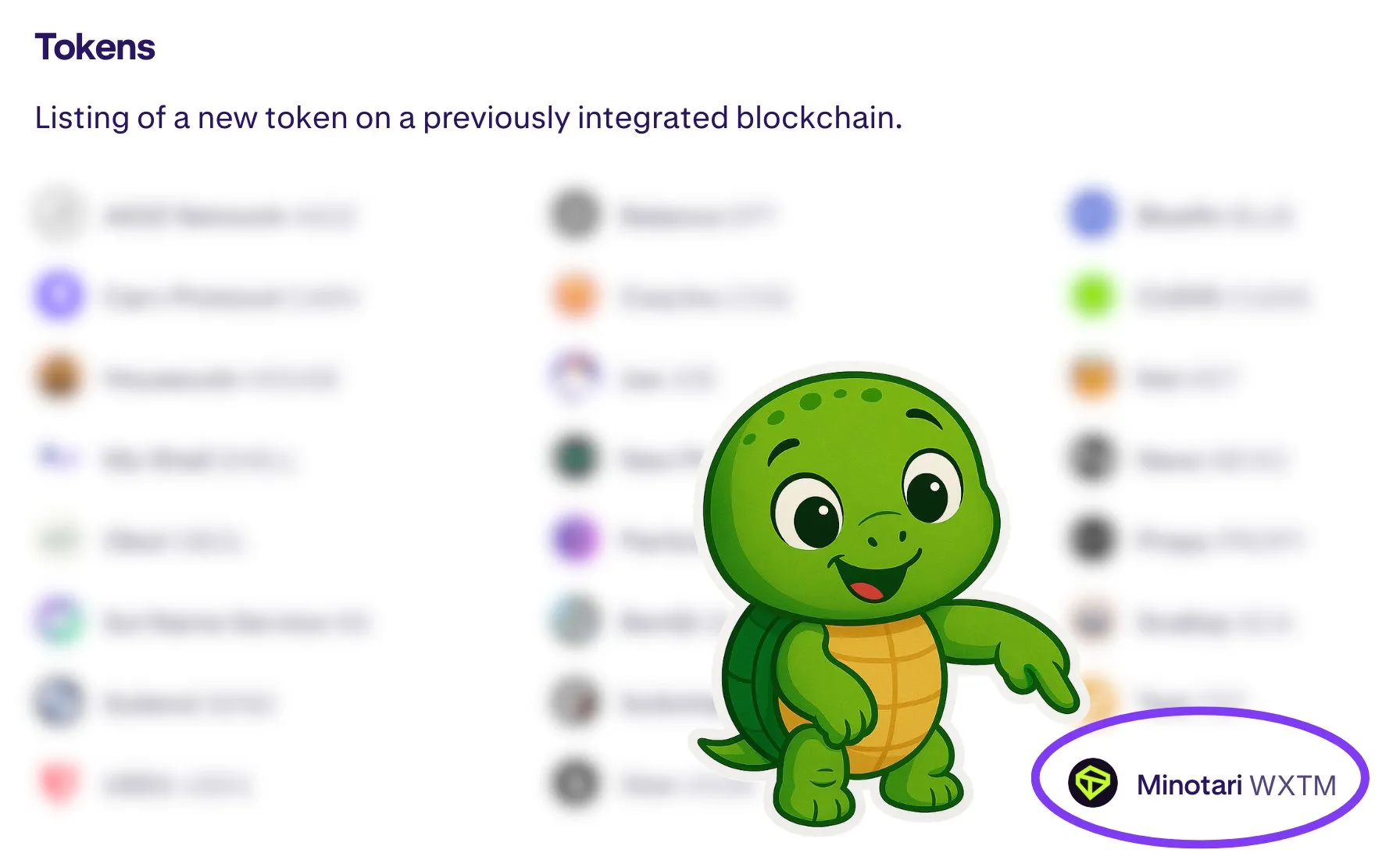 Kraken listing roadmap screenshot with Minotari WXTM circled in purple in the Tokens section and other entries blurred