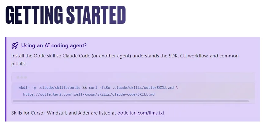Screenshot of the ootle.tari.com getting-started page: the first module is titled "Using an AI coding agent?", provides a command to install the Ootle skill, and directs Cursor, Windsurf, and Aider users to the skills listed at ootle.tari.com/llms.txt