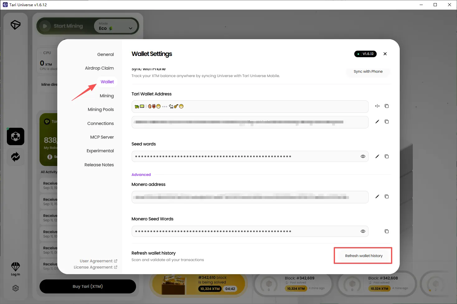 Tari Universe v1.6.12 Wallet Settings page with the Refresh wallet history button highlighted