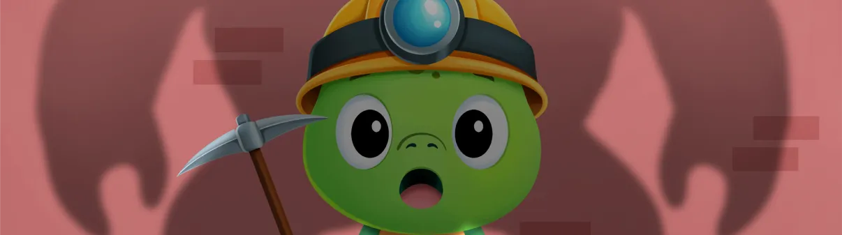 Cartoon illustration of a green character wearing a miner's helmet and holding a pickaxe