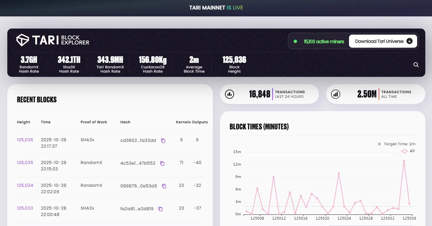 Mainnet hashrate, miner count, and block data shown on the Tari block explorer