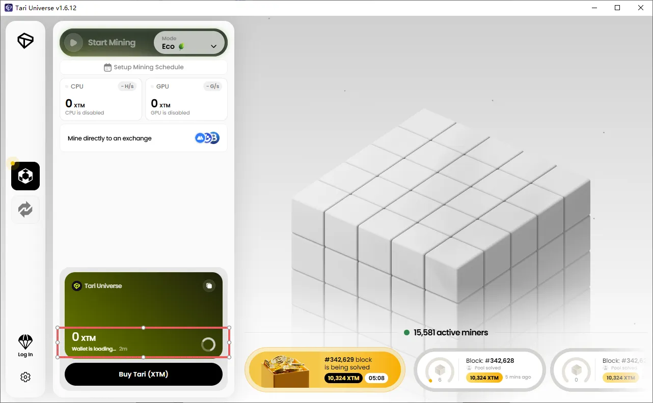 Tari Universe v1.6.12 home screen with the wallet card showing a zero balance and Wallet is loading